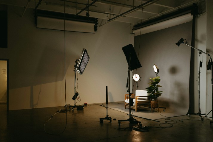Professional photo booth setup with lighting and backdrop