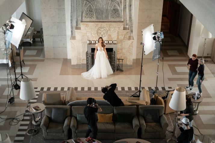 Professional wedding photo shoot setup capturing bride
