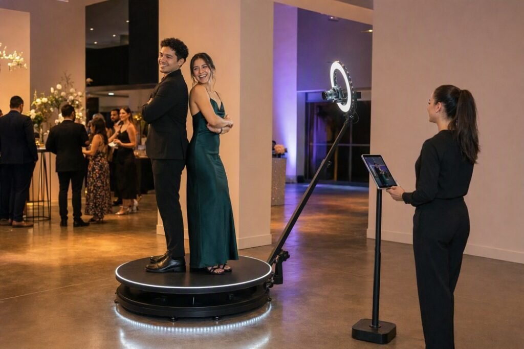 360 photo booth platform, rotating camera arm, and ring light setup