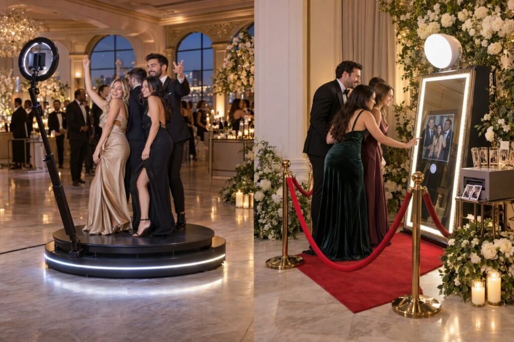 360 video booth and elegant mirror photo booth compared for wedding receptions
