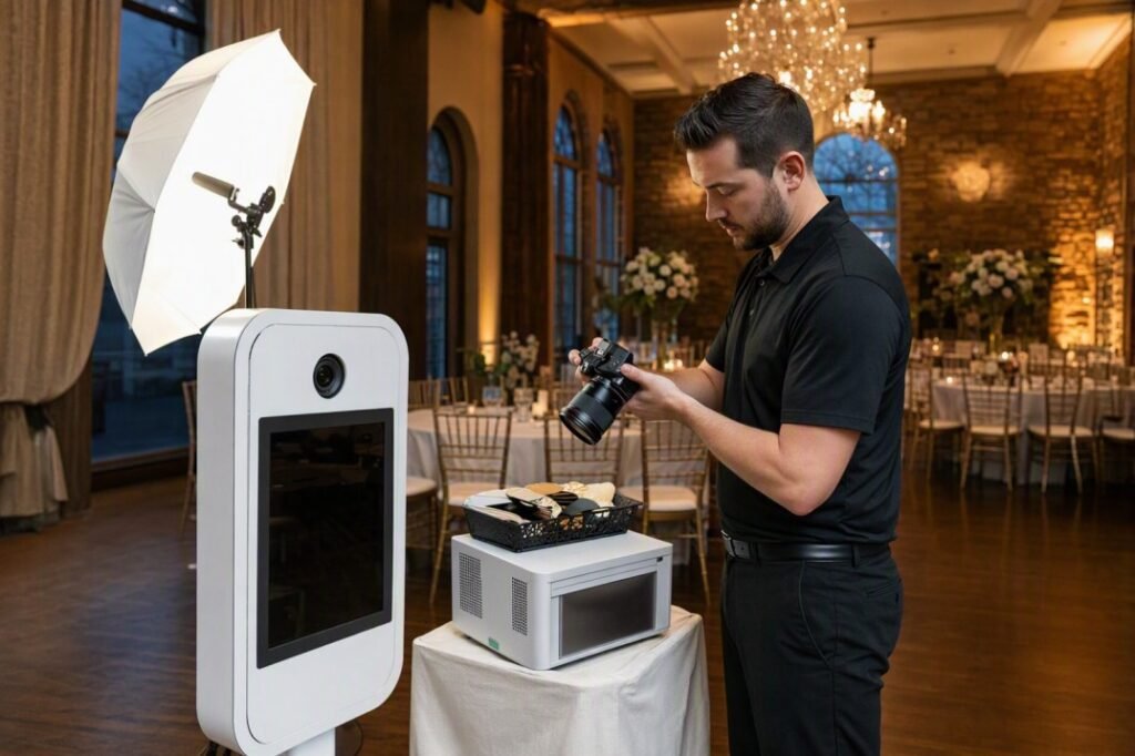 Photo booth attendant testing camera and lighting before a wedding event