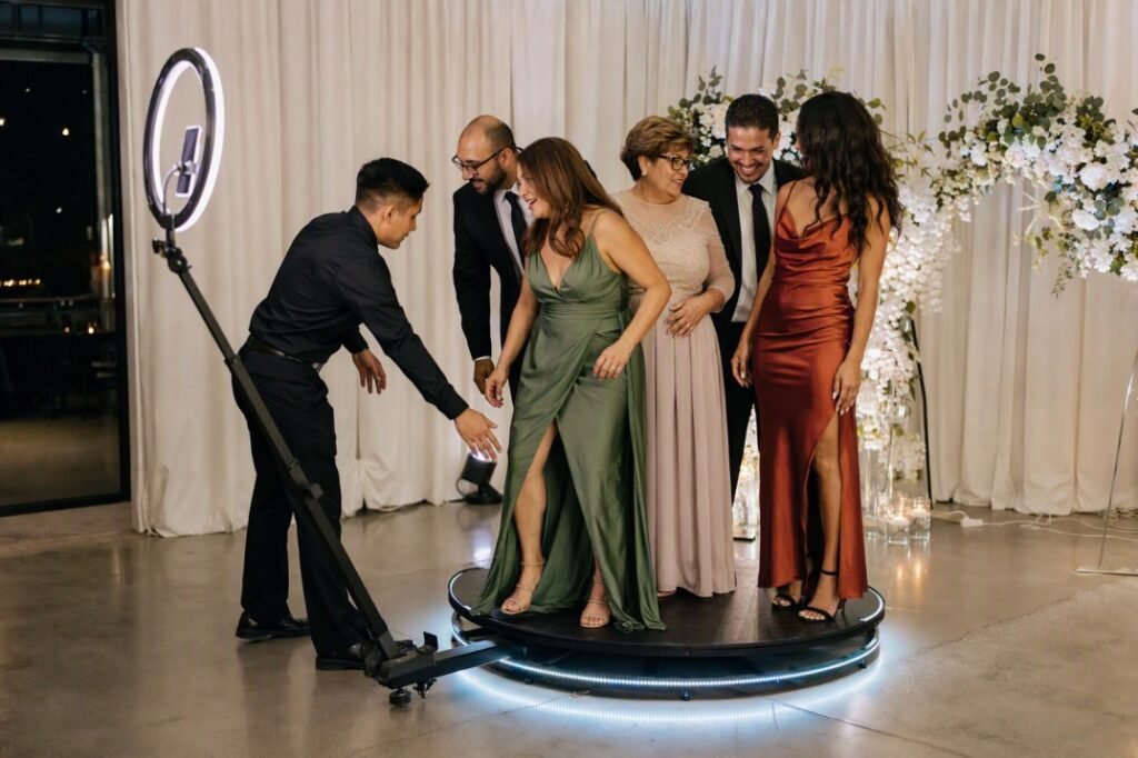 Professional attendant helping wedding guests use a 360 photo booth safely